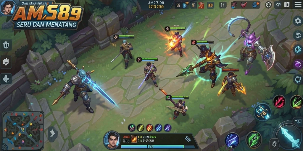 Screenshot utama AMS789 menampilkan pertarungan epik dalam gameplay MOBA.