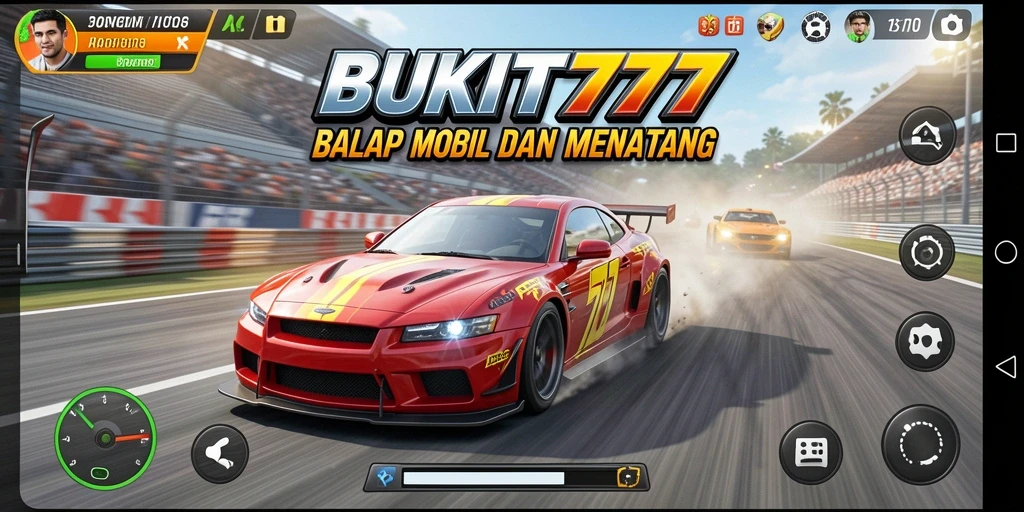 Gameplay mendebarkan BUKIT777 dengan mobil balap yang cepat.