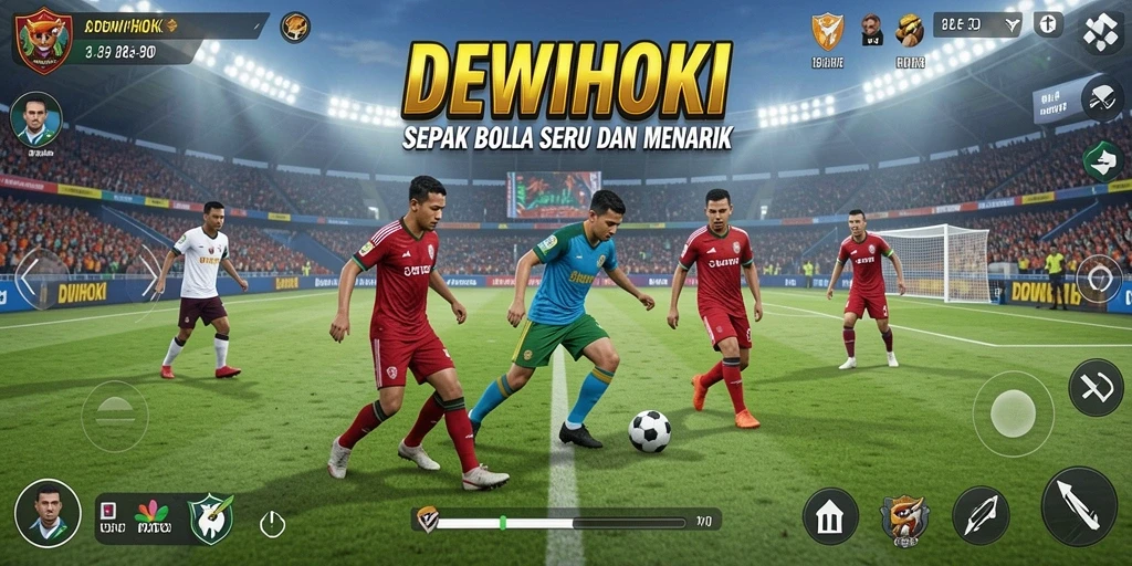 Tangkapan layar utama DEWIHOKI menampilkan aksi seru di lapangan sepak bola.