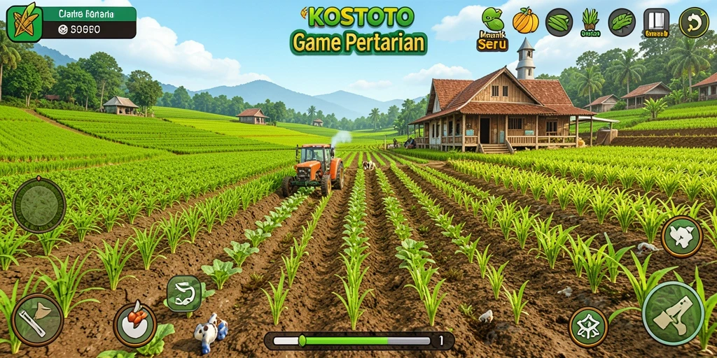 Screenshot utama KOSTOTO menampilkan gameplay pertanian yang seru dan interaktif.
